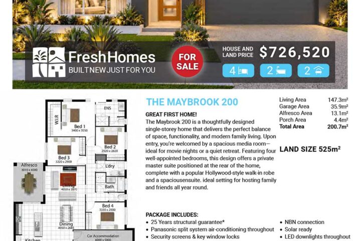Advertisement for a new home: exterior of a modern single-story house with a two-car garage; price $726,520. Includes floor plan and features list on a real estate flyer.
