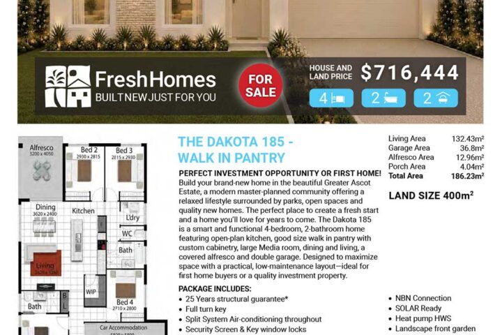 Real estate flyer showing a modern single-story house with a two-car garage, 'For Sale' badge, price, floor plan, and contact info.