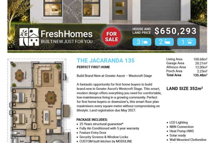 Modern single-story house with gray roof and attached garage; 'For Sale' badge and price $650,293 on a real estate flyer.