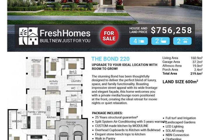 Modern single-story house with a two-car garage, FreshHomes For Sale banner, and price displayed ($756,258).