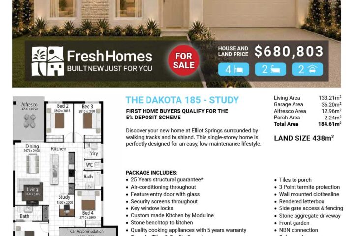 Front view of a single-story house for sale with 'FOR SALE' badge; price $680,803; 4 bedrooms, 2 bathrooms, 2-car garage.