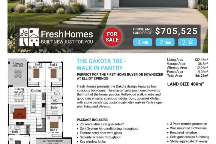 Modern white single‑story house with a dark gray, two‑car garage; bold 'For Sale' overlay and Fresh Homes branding above the image.
