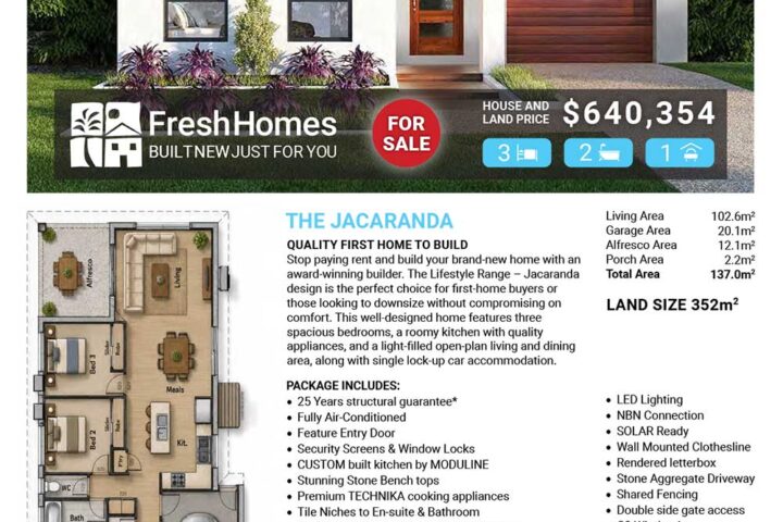 Front view of a modern white single‑story house with a wooden garage, overlaid with 'For Sale' and price on a FreshHomes property flyer.