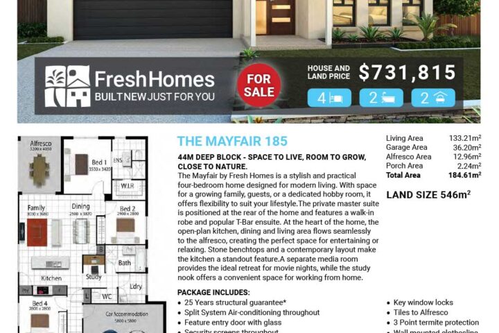 Front view of a modern single-story house with a two-car garage; for sale by Fresh Homes, LOT 550 Whites Creek Road, Julago (Elliot Springs). Includes price $731,815 and small feature icons (4 beds, 2 baths, 2 cars).