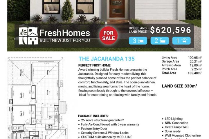 Front view of a modern single-story home with a two-car garage; sale overlay reads 'Lot 555 Donohues Retreat'