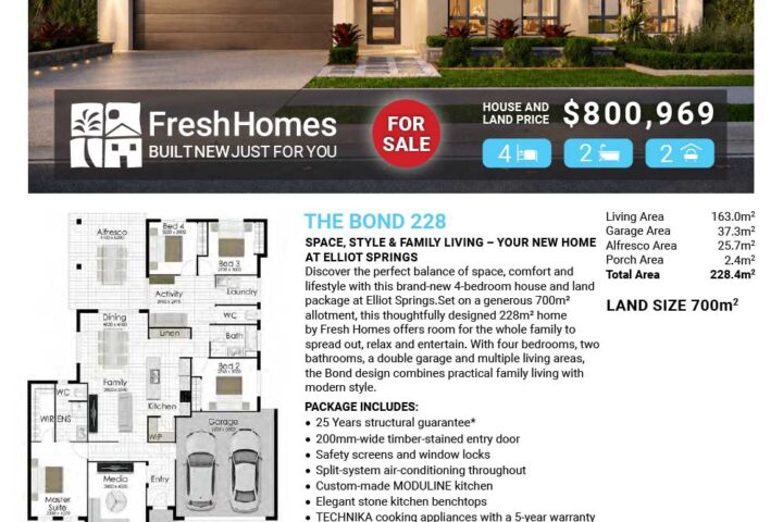 Exterior photo of a modern single-story home with a two-car garage at sunset, overlaid with 'For Sale' and listing details for Lot 561 Donohues Retreat, Elliot Springs.