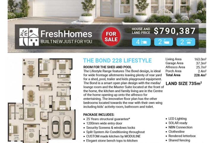 Front view of a modern single-story house for sale with Fresh Homes branding and price shown ($790,387).