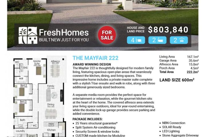Promotional real estate flyer showing a modern single‑storey house with a two‑car garage, a front yard, and a 'For Sale' badge; heading reads 'LOT 582 WHITES CREEK ROAD ELLIOT SPRINGS ESTATE | JULAGO' with price '$803,840' and property details/logo at the bottom.
