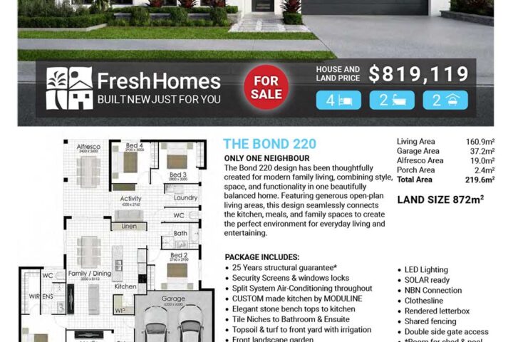 Front view of a modern single-story white house with a two-car garage; 'For Sale' with price $819,119 and 4 bed, 2 bath icons on a real estate flyer