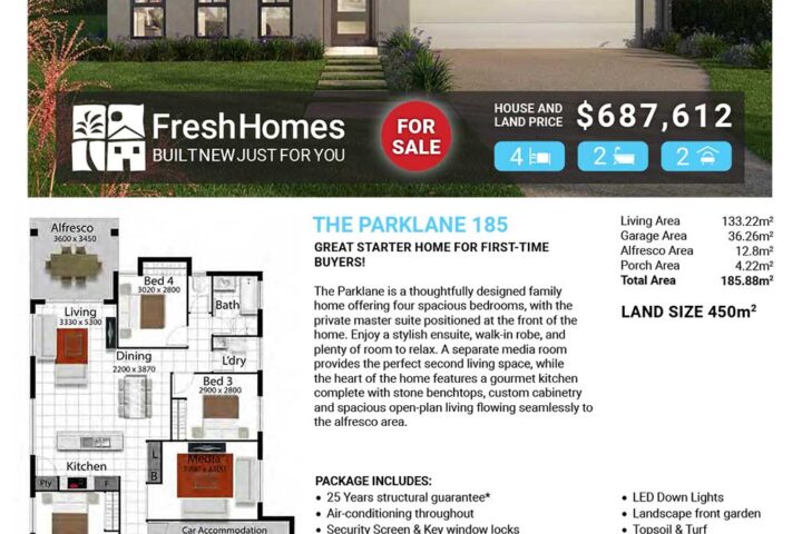 Exterior view of a modern single-story home with a 'FOR SALE' badge; includes a floor plan showing 4 bedrooms, 2 bathrooms, and a 2-car garage for sale by Fresh Homes.