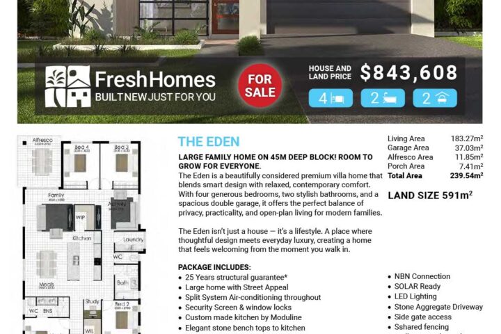 Real estate ad for Lot 591 Whites Creek Road, Elliot Springs Estate—front view of a modern house with a For Sale badge and price $843,608.