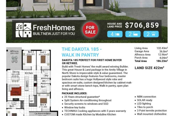 Front view of a modern single‑storey house with a two‑car garage; overlay text reads LOT 7223 POPPY STREET, AMITY VILLAGE, BURDELL, FOR SALE, $706,859 (Real estate flyer).