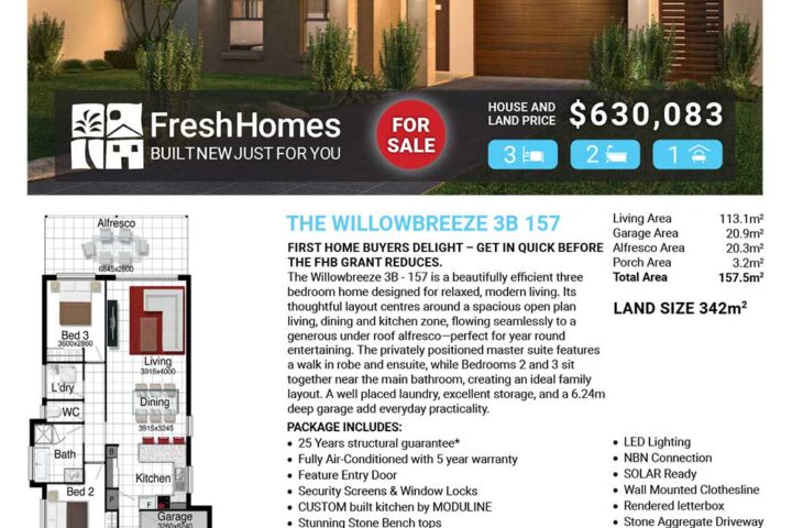 Front view of a modern single-story house on a real estate flyer, with 'For Sale' banner and price $630,083 (3 bed, 2 bath, 1 garage).