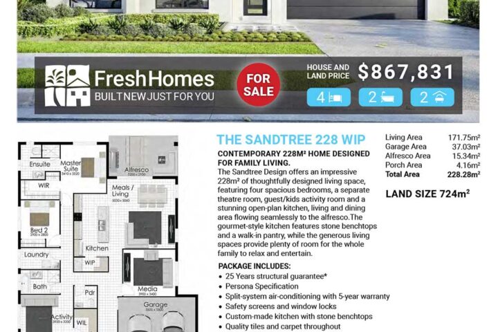 Front view of a modern single-story house for sale on Lot 724 Ribeiro Crescent, Cosgrove, with a 'For Sale' sign and price of $867,831.