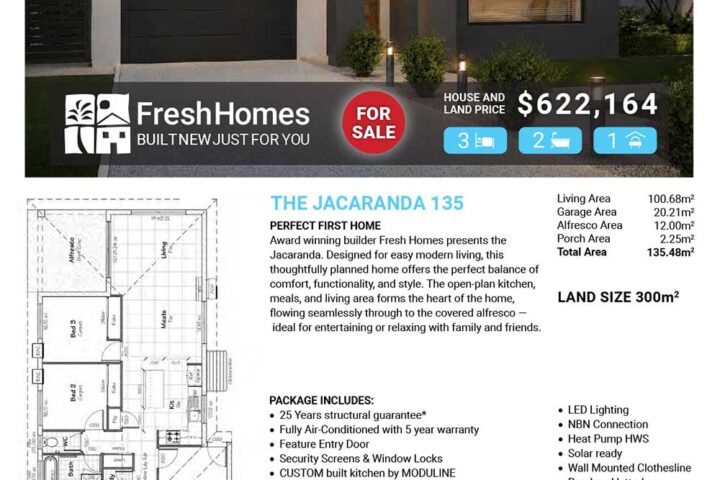 Modern house exterior with a two-car garage; real estate ad for Lot 7242 Lime Street, Northshore Burdell, For Sale.