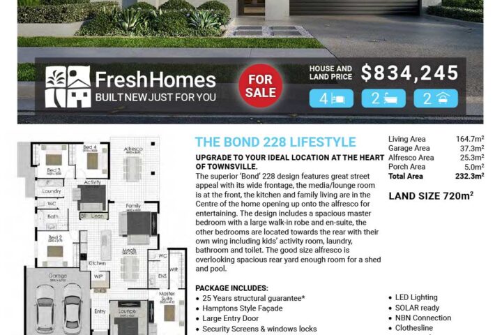 Front view of a modern single-story white house with a two-car garage; for sale listing by FreshHomes, Lot 725 Ribeiro Crescent, Sunset Village, Cosgrove.