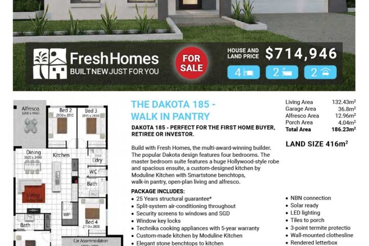 Front view of a modern single-storey house for sale with a 'FOR SALE' sign and price listed, branded by FreshHomes on a real estate flyer.
