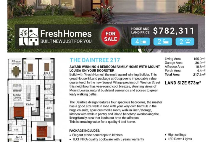 Front view of a modern single-storey house with a two-car garage; advert text reads Lot 730 Cabana Crescent, Sunset Village, Cosgrove with price $782,311.