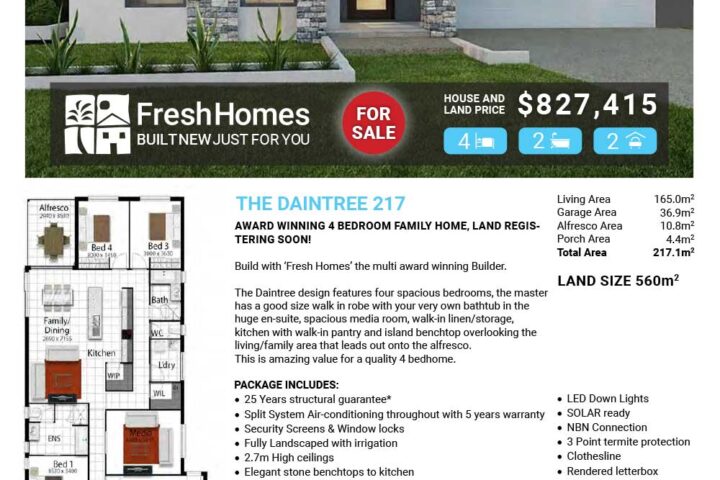 Front view of a modern single-family home with a 'FOR SALE' badge and price on a real estate flyer by FreshHomes.