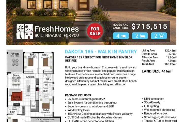Front view of a modern single-story house for sale with a two-car garage and landscaped yard; price $715,515 on the banner.
