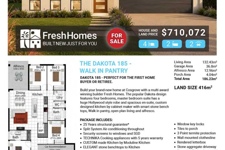 Front view of a modern single-story house for sale with a bold FOR SALE badge and price $710,072 on a real estate flyer by Fresh Homes.