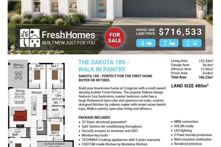 Front view of a modern single-story house with a two-car garage; 'FOR SALE' banner and price overlay.