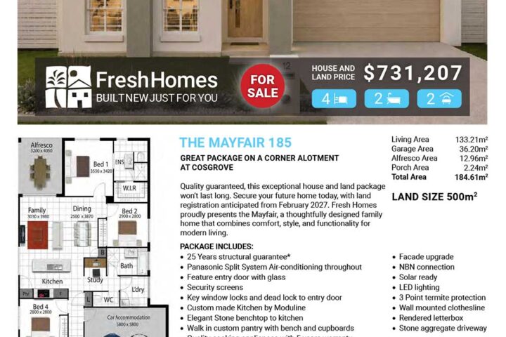 Front view of a single-story home for sale with a 'FOR SALE' sign; price $731,207; 4 beds, 2 baths, 2-car garage; floor plan shown.