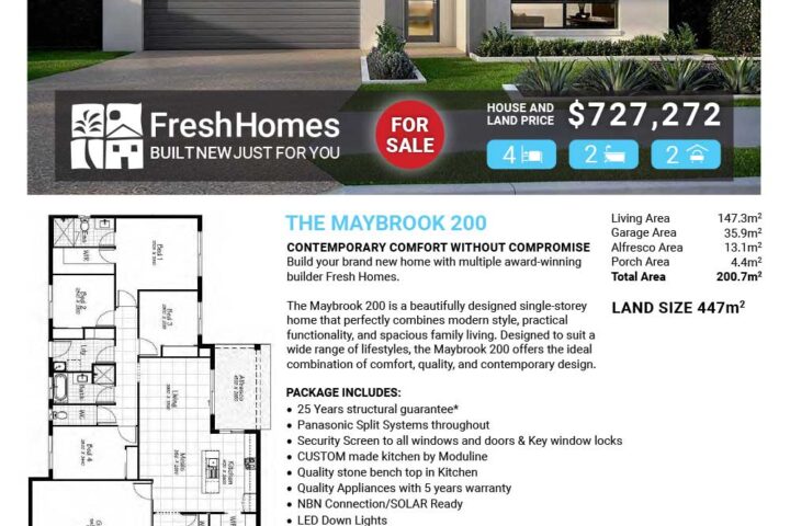Front view of a modern single-story home with a two-car garage; 'For Sale' badge and price on a Fresh Homes flyer.