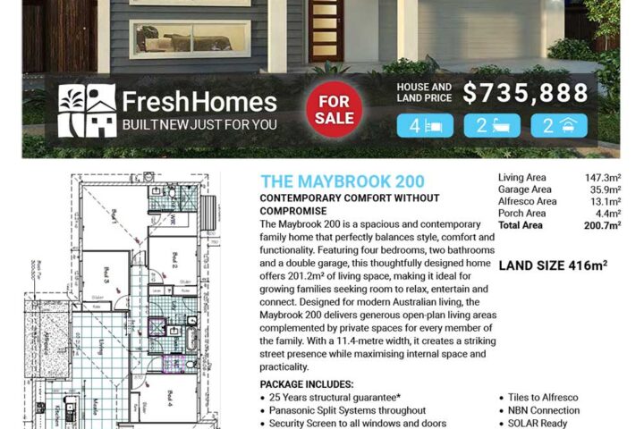 Front view of a contemporary single-storey home with a two-car garage, on a real estate flyer featuring a bold 'FOR SALE' badge and the price $735,888.