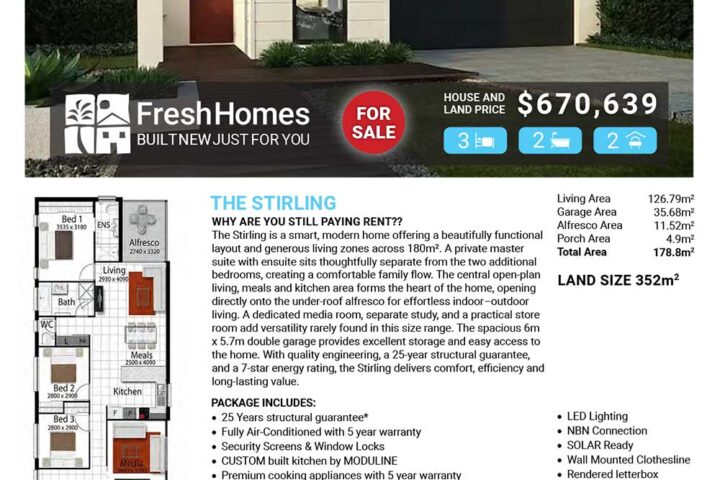 Front view of a modern one-story house with a dark garage, on-sale banner and the price $670,639