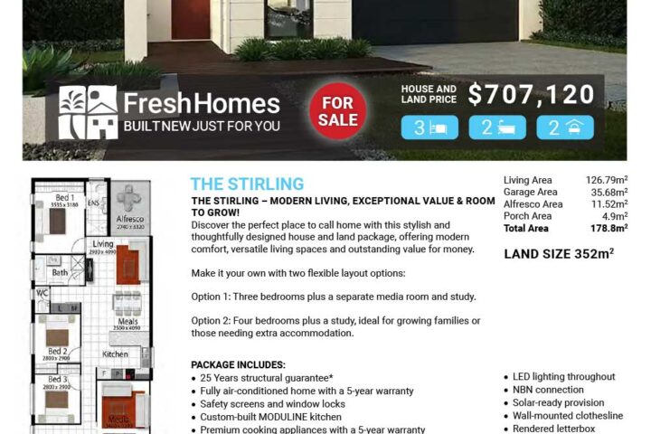 Front view of a modern single‑story home with a two‑car garage; overlay shows 'Lot 803 Cabana Crescent Cosgrove' and a 'For Sale' price of $707,120.
