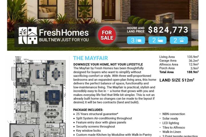 Front view of a modern single-story house with a 'FOR SALE' badge and price $824,773, branded by Fresh Homes.