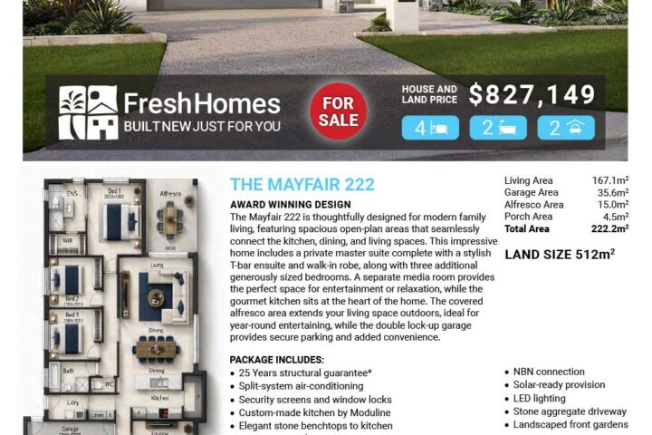 Front view of a modern single-story house with a two-car garage; 'For Sale' banner and listing price $827,149 (Lot 8156 Beechcroft Parade, Greater Ascot Shaw)