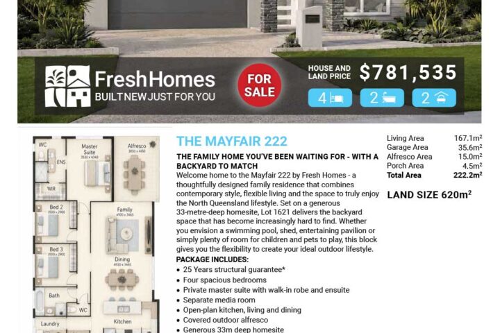 Real estate flyer featuring a modern house with a two-car garage, advertising Lot 1621 Evodia Street for sale at $781,535 with Fresh Homes branding.