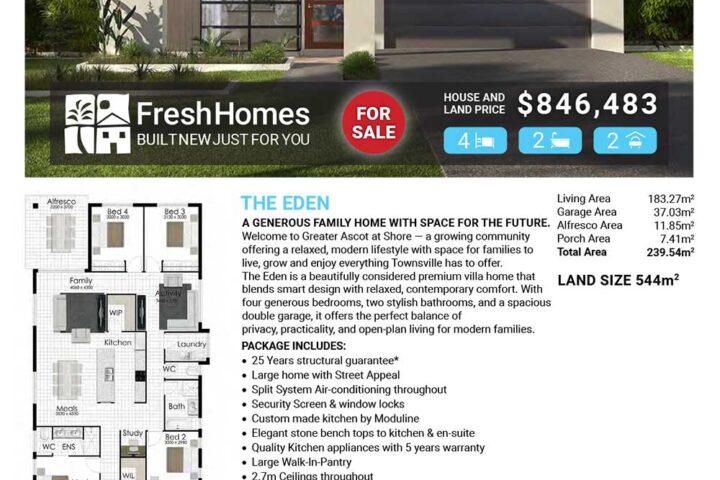 Front view of a modern single-story home with a two-car garage; FOR SALE badge and FreshHomes logo, Lot 8203 Sandringham Drive, price $846,483.