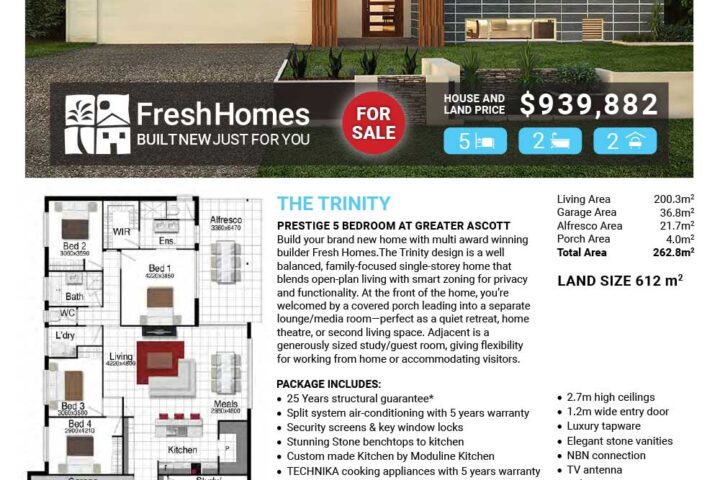 Advertisement for Fresh Homes showing a modern single‑storey house with a front yard; overlay text reads LOT 8205 SANDRINGHAM DRIVE, GREATER ASCOTT | SHAW, FOR SALE, price $939,882, and house/land details with a floor plan image nearby.
