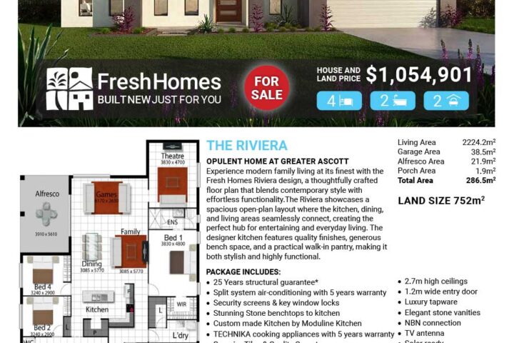 Promotional real estate flyer for Lot 8211 Sandringham Drive featuring a modern single-story home, 'FOR SALE' badge, price $1,054,901, and floor plan layout.
