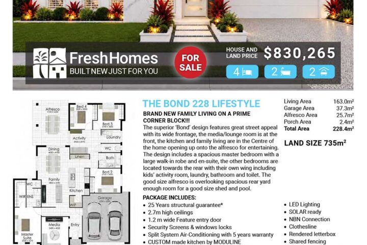 Modern single‑level white house with a front yard and a bold 'FOR SALE' badge, Fresh Homes branding, and a sunset sky backdrop (LOT 8218 Chanctonbury Ave, Greater Ascot Shaw).
