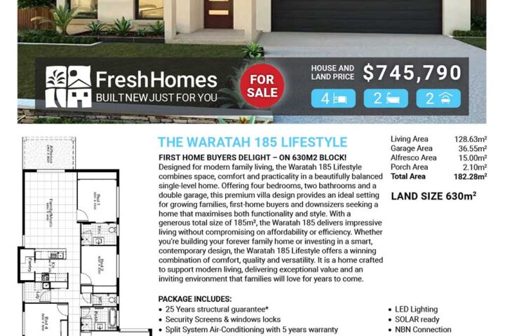 Front view of a modern single‑story house with a double garage, shown in a FreshHomes for‑sale flyer.