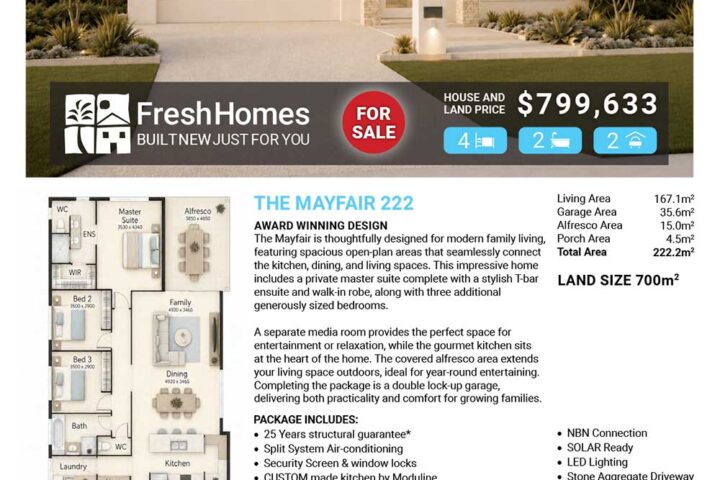 Front view of a modern single-story house for sale with a 'FOR SALE' badge and Fresh Homes branding.
