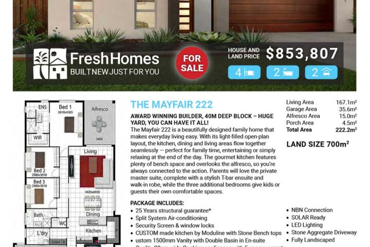 Front view of a modern single‑story house for sale with a bold 'FOR SALE' badge on a real estate flyer. Feature text includes Lot 832 Campina Crescent Sunset Village Cosgrove and a house plan.