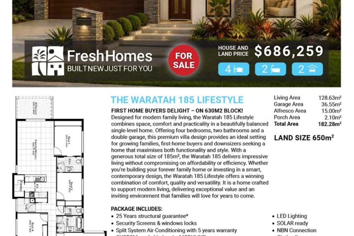 Front view of a modern single-story house with landscaped yard; 'For Sale' banner and listing details overlaid on the image.