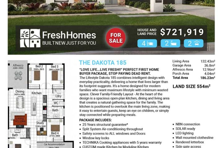 Front view of a modern single‑story house with stone accents, for sale by Fresh Homes, showing the price and marketing banner.