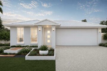 Modern single-story white house with a two-car garage, landscaped front yard, and a gravel driveway.