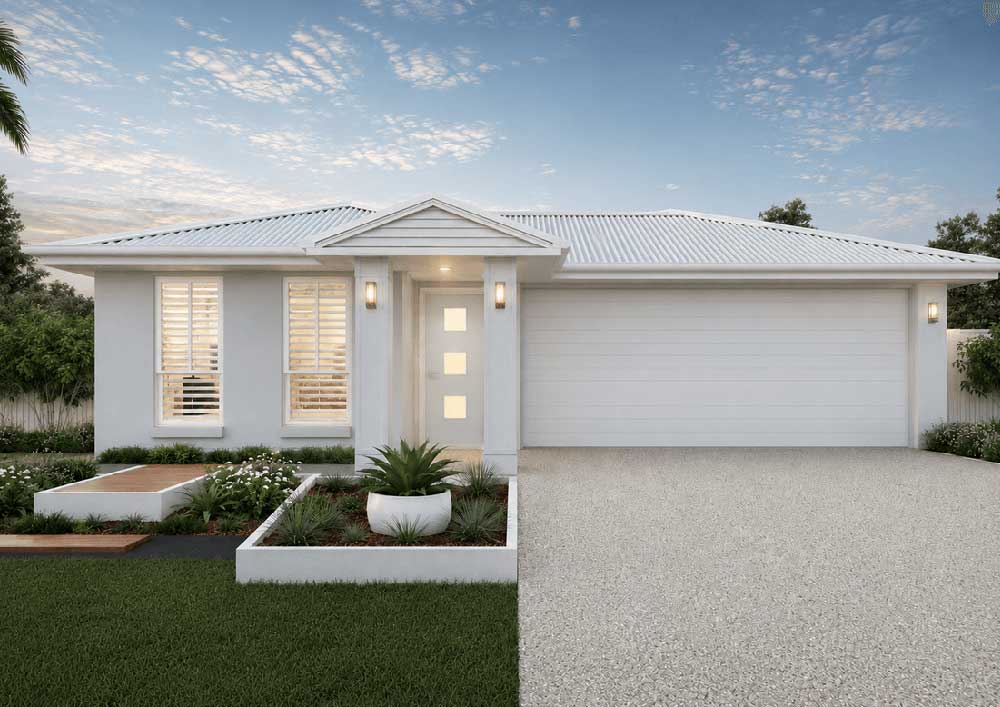 Modern single-story white house with a two-car garage, landscaped front yard, and a gravel driveway.