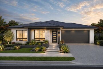 Front view of a modern single-story home with a two-car garage and landscaped front yard at dusk.
