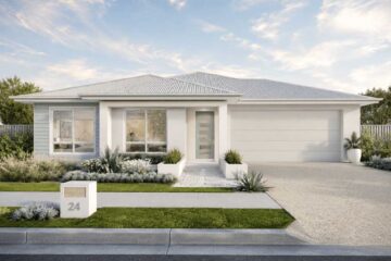Sandtree-228-Crystalline - Fresh Homes Single-story modern suburban home with a two-car garage, white facade, and landscaped front yard.