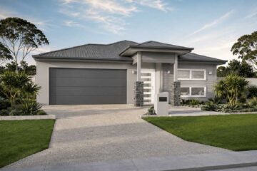 Trinity-Rendered-Facade-12052026 - Fresh Homes Modern single-story house with a gray two-car garage and landscaped front yard. (informative)