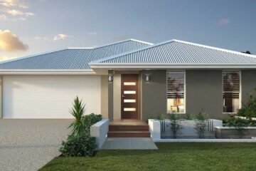 Modern single-story house with gray facade, white garage door, and metal pitched roof; front yard with landscaping.