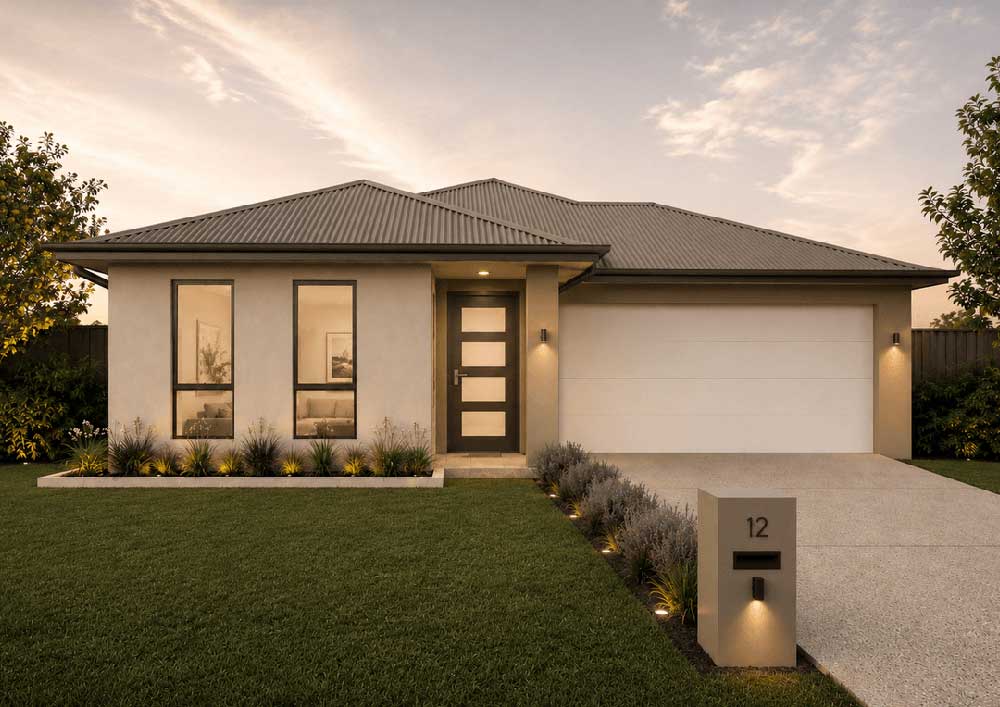 Modern one-story house with a two-car garage, manicured lawn, and a paved driveway at sunset. The mailbox shows the number 12 near a garden bed of low shrubs.
